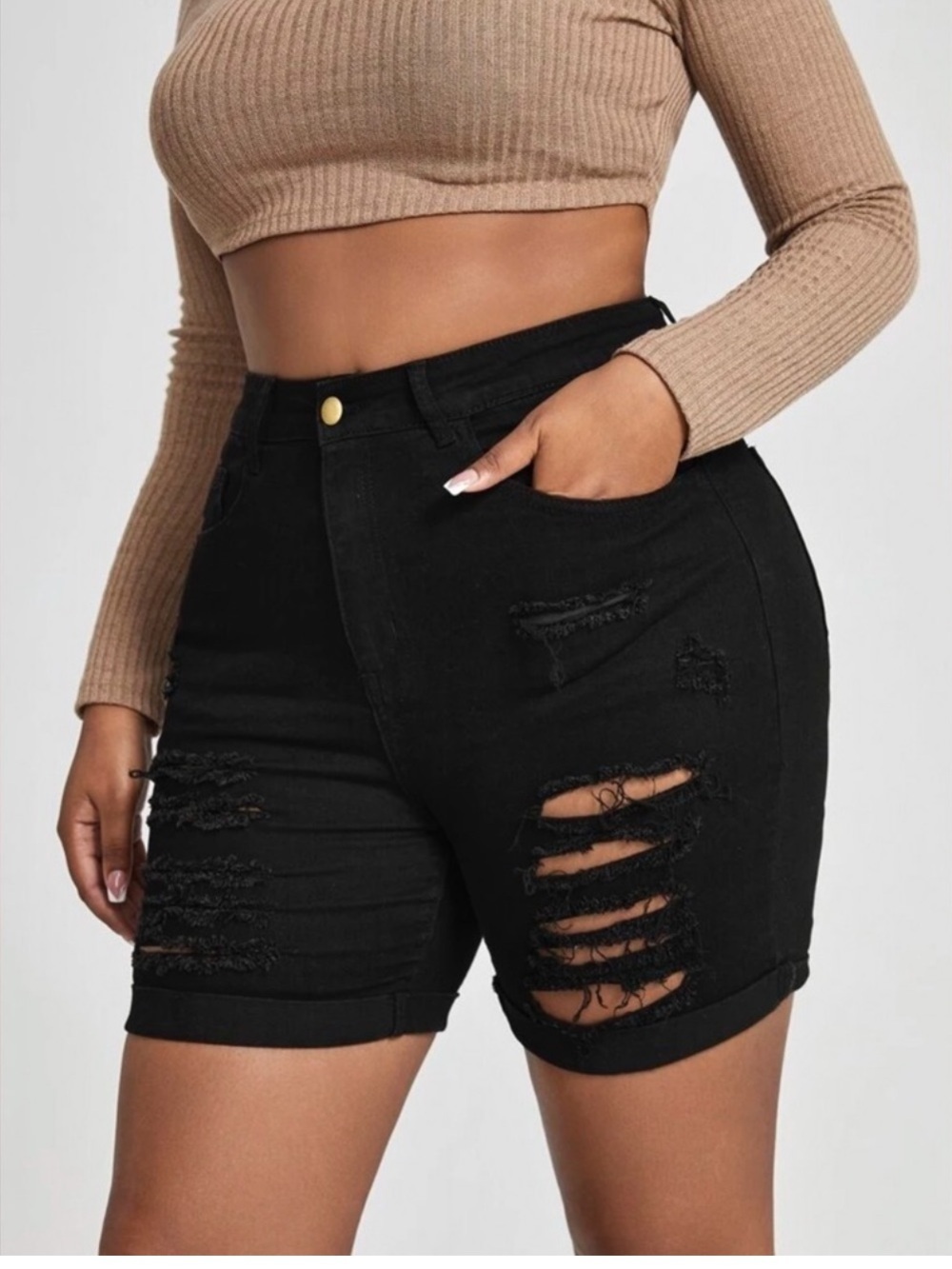 SHEIN Black High-Waist Distressed Denim Shorts